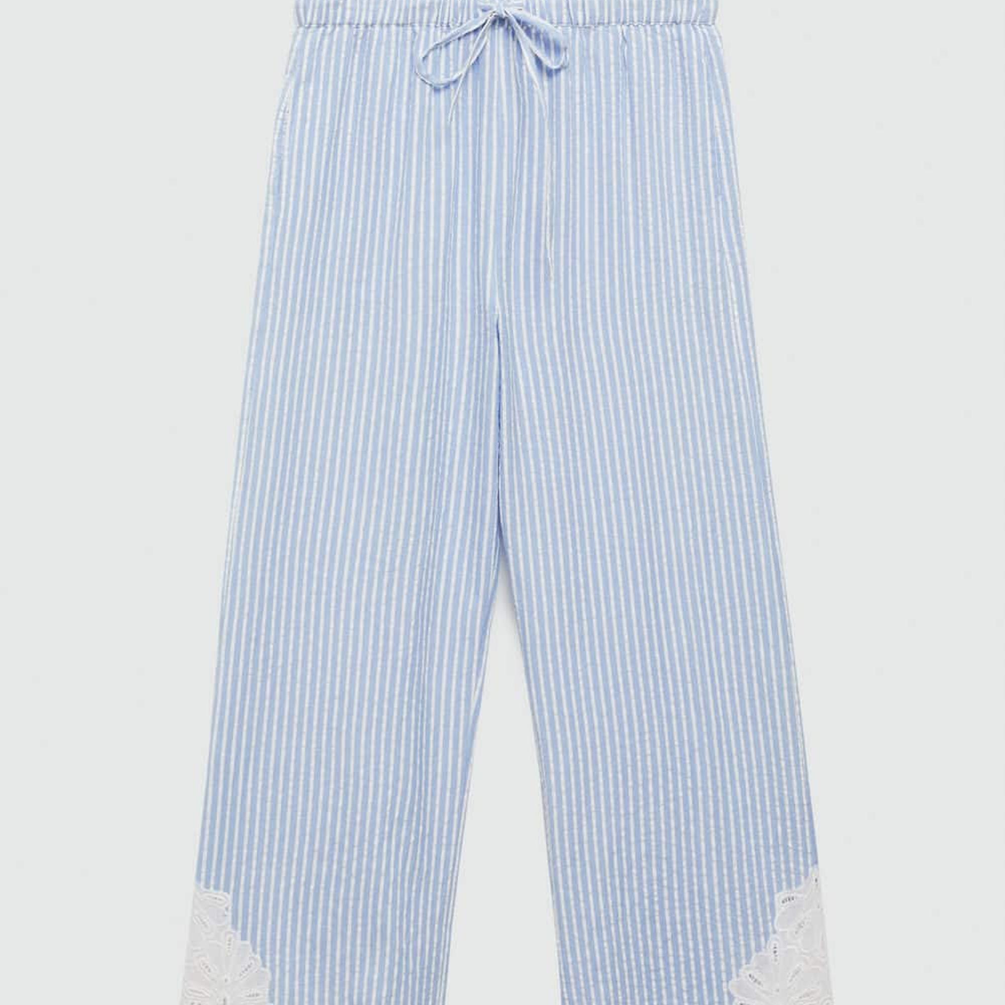 Mango Kadın İşlemeli Çizgili Pantolon Gök Mavisi