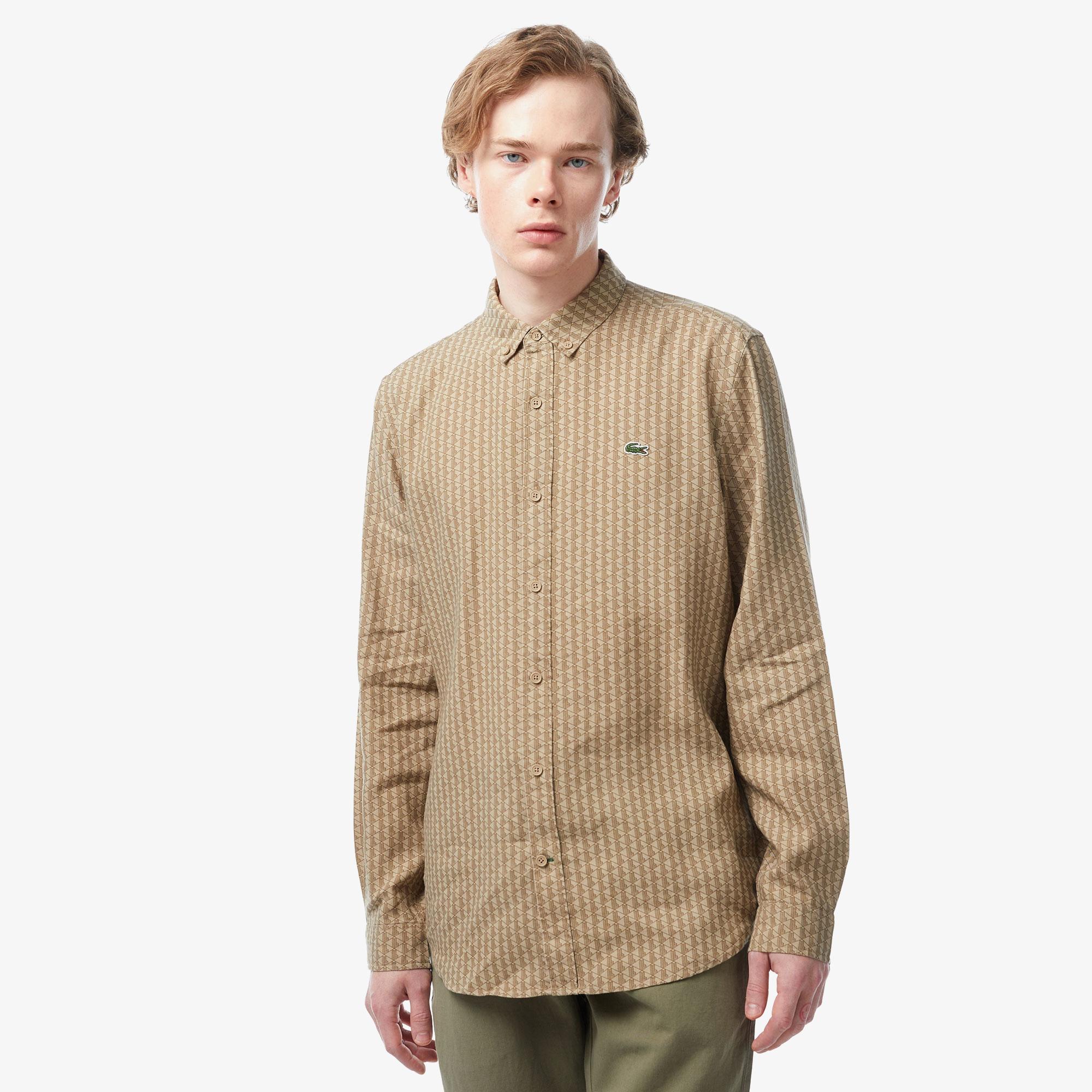 Erkek Regular Fit Düğmeli Yaka Monogram Bej Gömlek