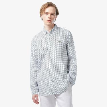  Erkek Regular Fit Düğmeli Yaka Baskılı Beyaz Gömlek