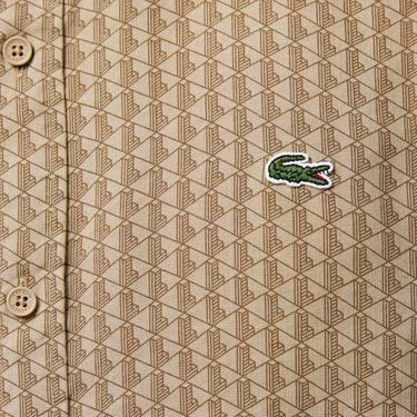  Erkek Regular Fit Düğmeli Yaka Monogram Bej Gömlek