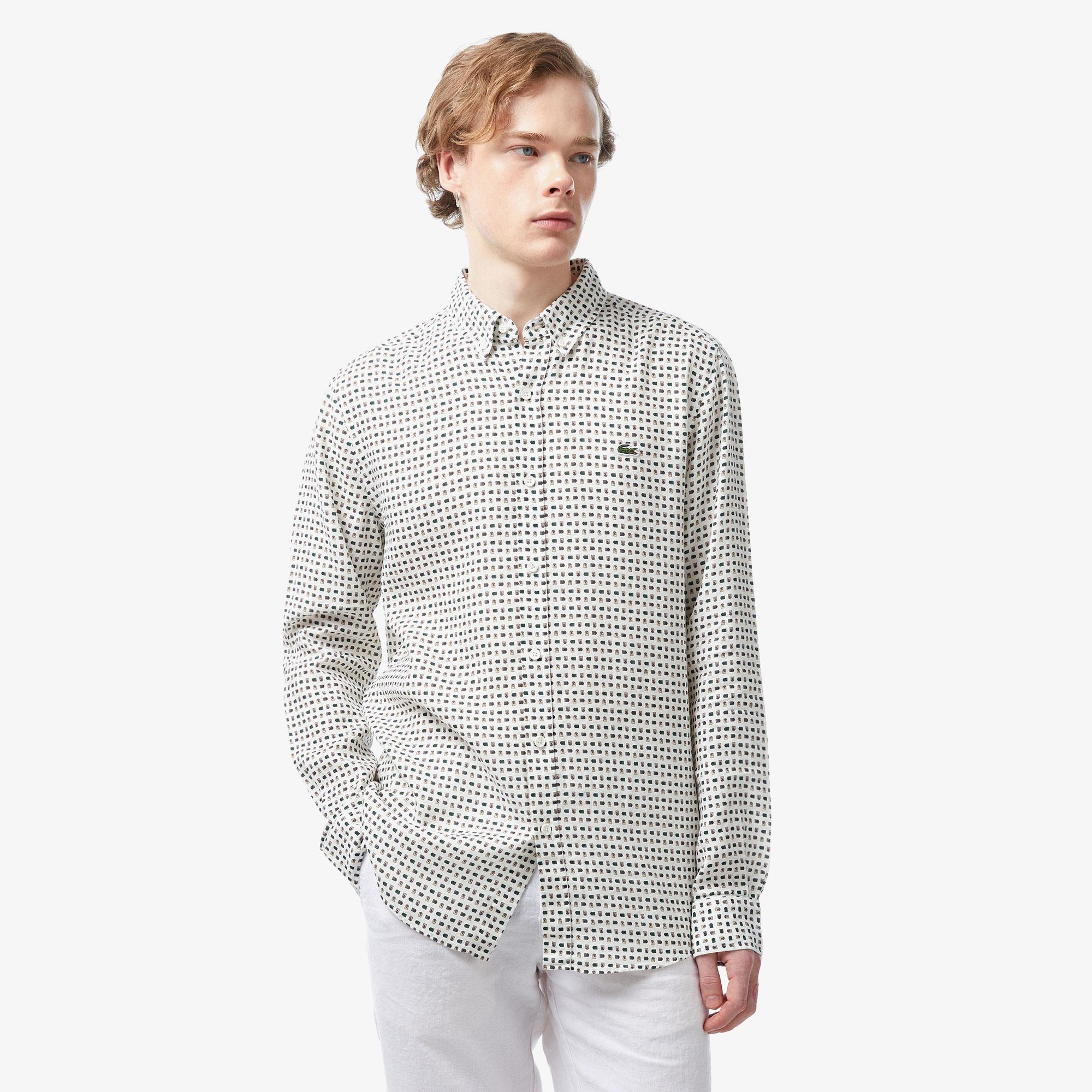 Erkek Slim Fit Düğmeli Yaka Desenli Bej Gömlek