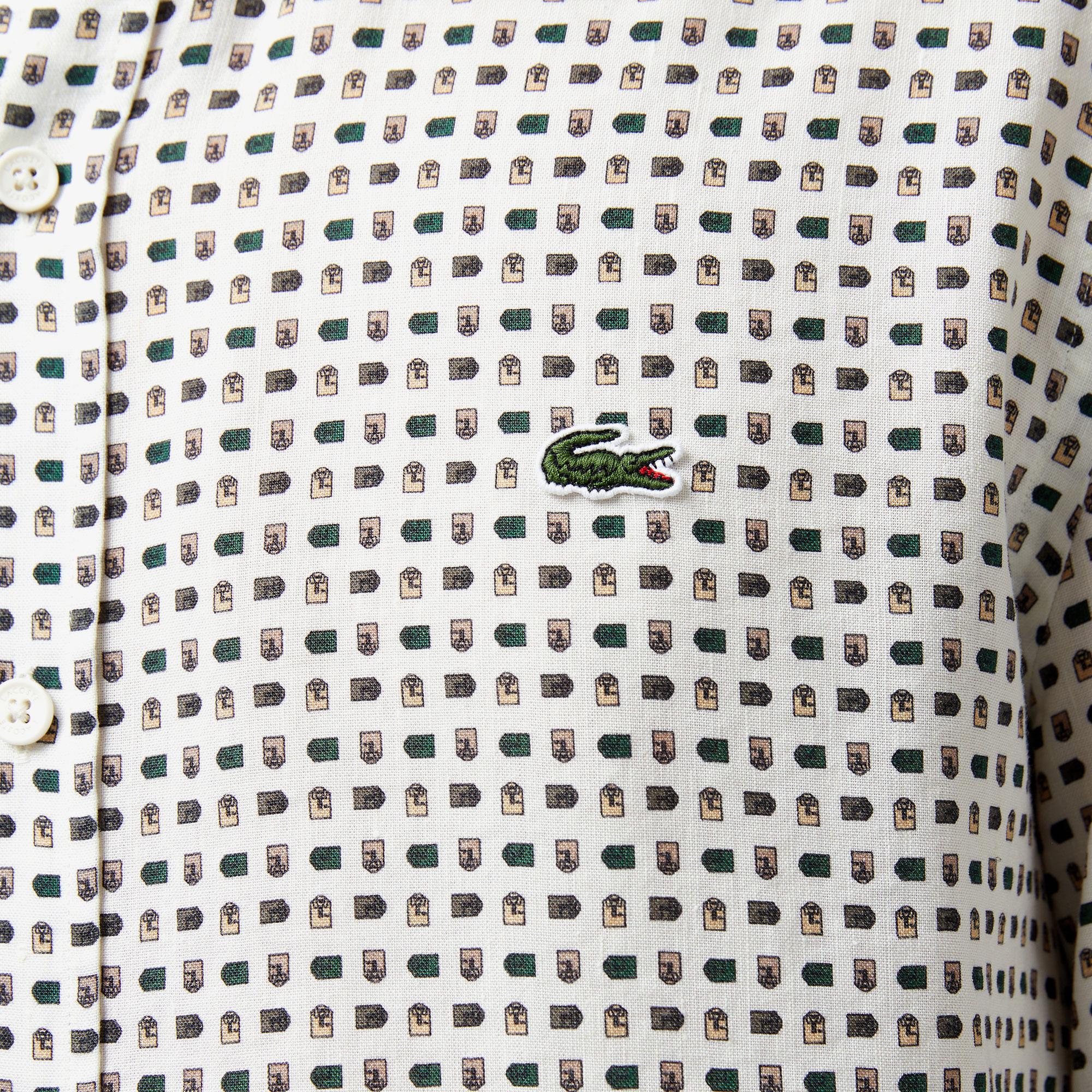 Erkek Slim Fit Düğmeli Yaka Desenli Bej Gömlek