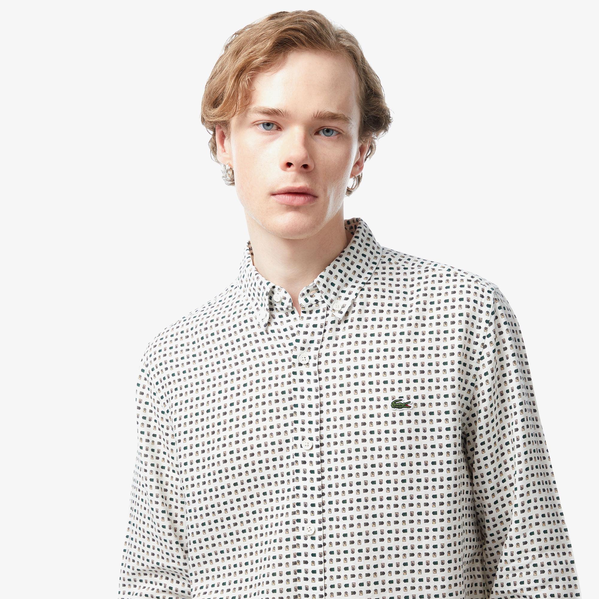 Erkek Slim Fit Düğmeli Yaka Desenli Bej Gömlek