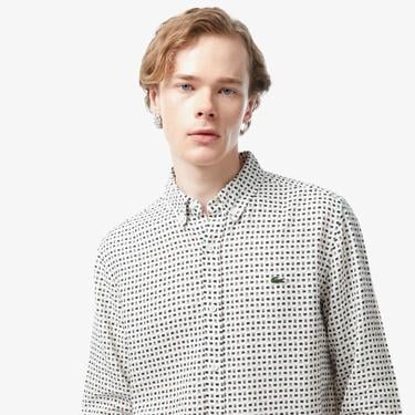  Erkek Slim Fit Düğmeli Yaka Desenli Bej Gömlek