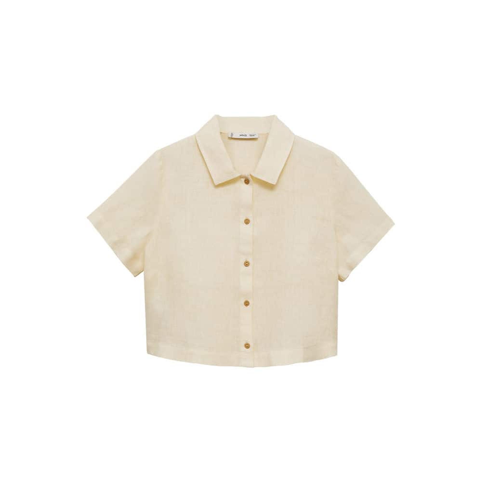 Mango Kadın Keten Karışımlı Kısa Kollu Gömlek Pastel Sarı