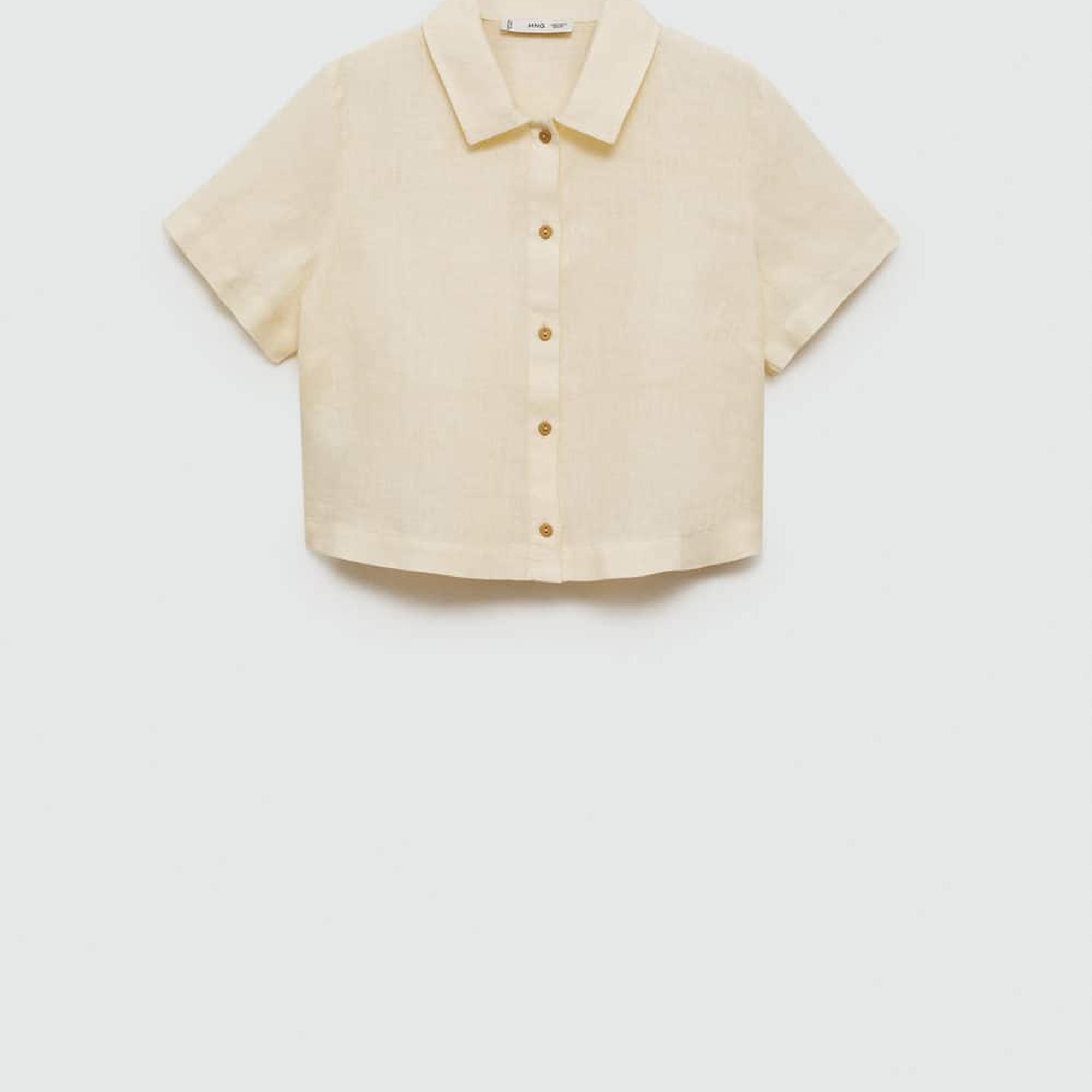 Mango Kadın Keten Karışımlı Kısa Kollu Gömlek Pastel Sarı