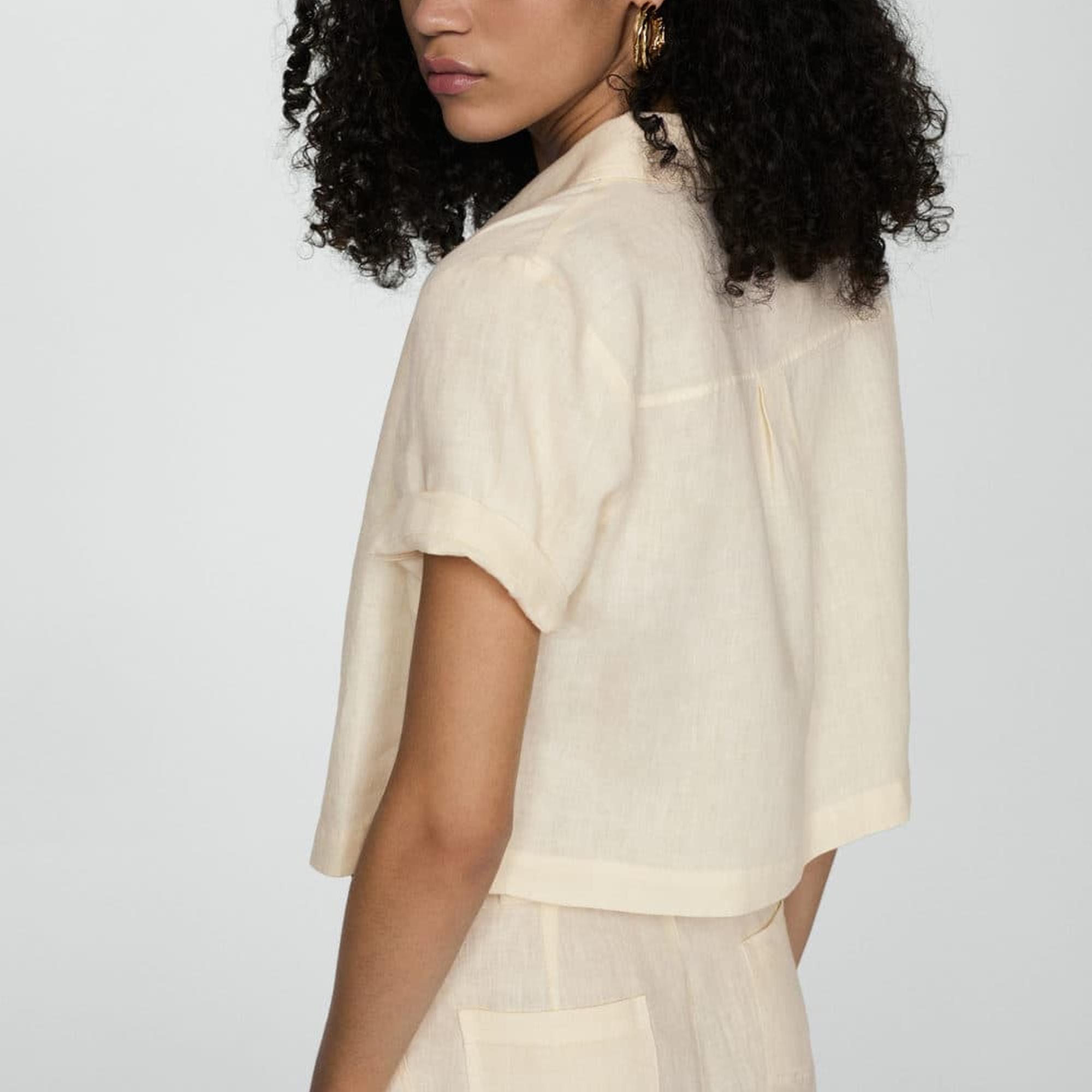 Mango Kadın Keten Karışımlı Kısa Kollu Gömlek Pastel Sarı