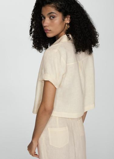  Mango Kadın Keten Karışımlı Kısa Kollu Gömlek Pastel Sarı