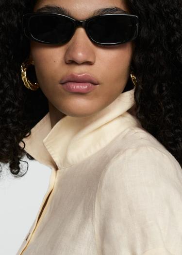  Mango Kadın Keten Karışımlı Kısa Kollu Gömlek Pastel Sarı