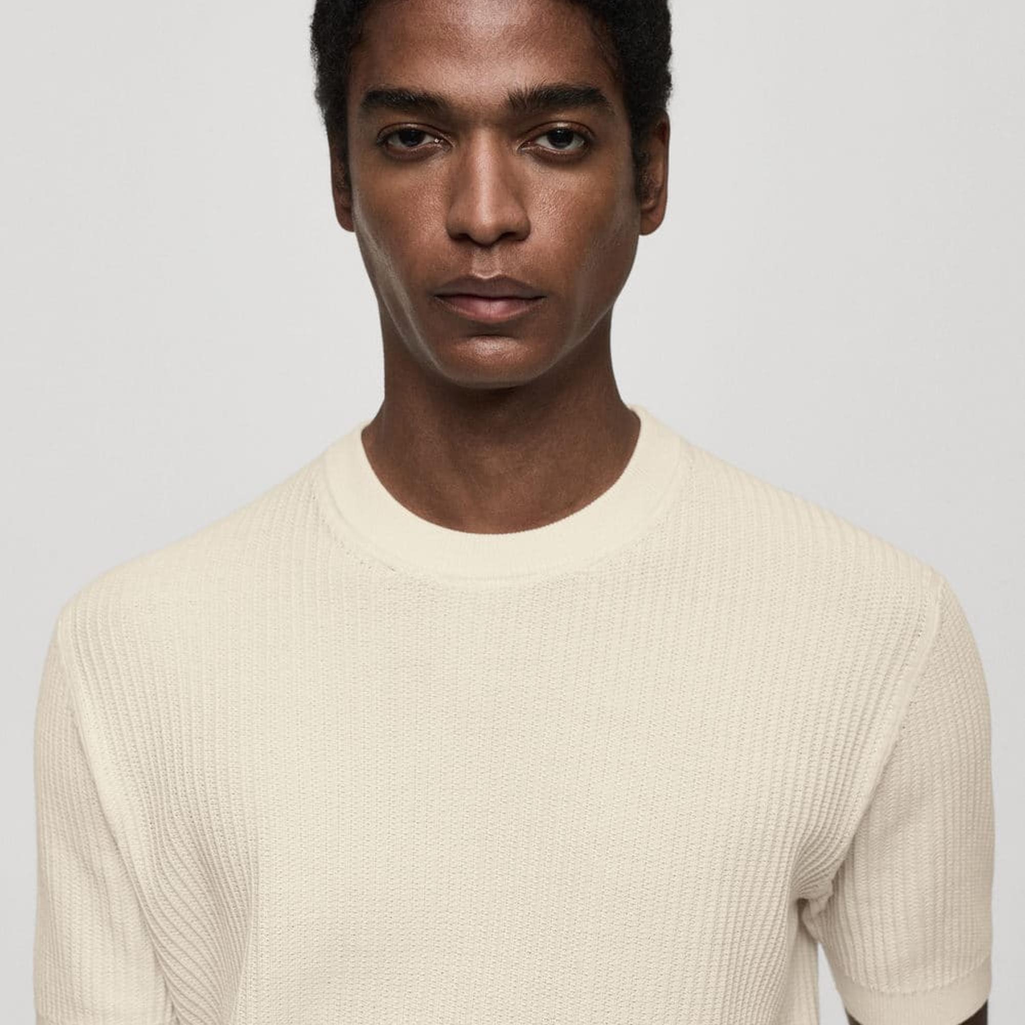 Mango Erkek Ribana Triko Tişört Kırık Beyaz