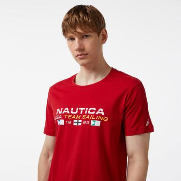  Nautica Erkek Kırmızı Standart Fit Kısa Kollu Baskılı T-Shirt