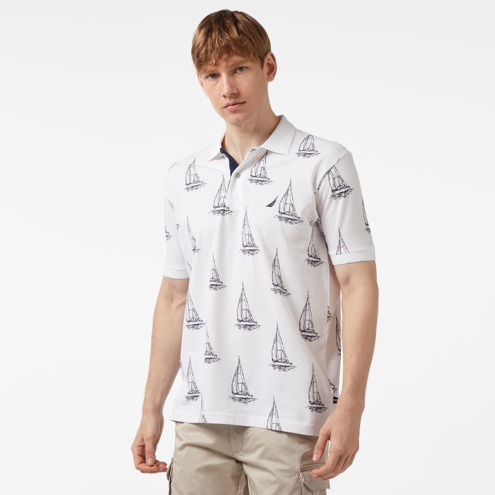 Nautica Erkek Beyaz Classic Fit Kısa Kollu Desenli Polo