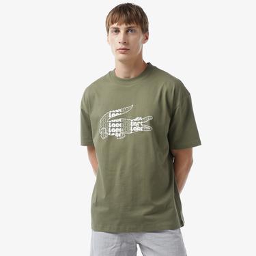  Erkek Oversize Fit Bisiklet Yaka Baskılı Haki T-Shirt