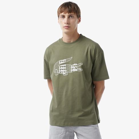  Erkek Oversize Fit Bisiklet Yaka Baskılı Haki T-Shirt