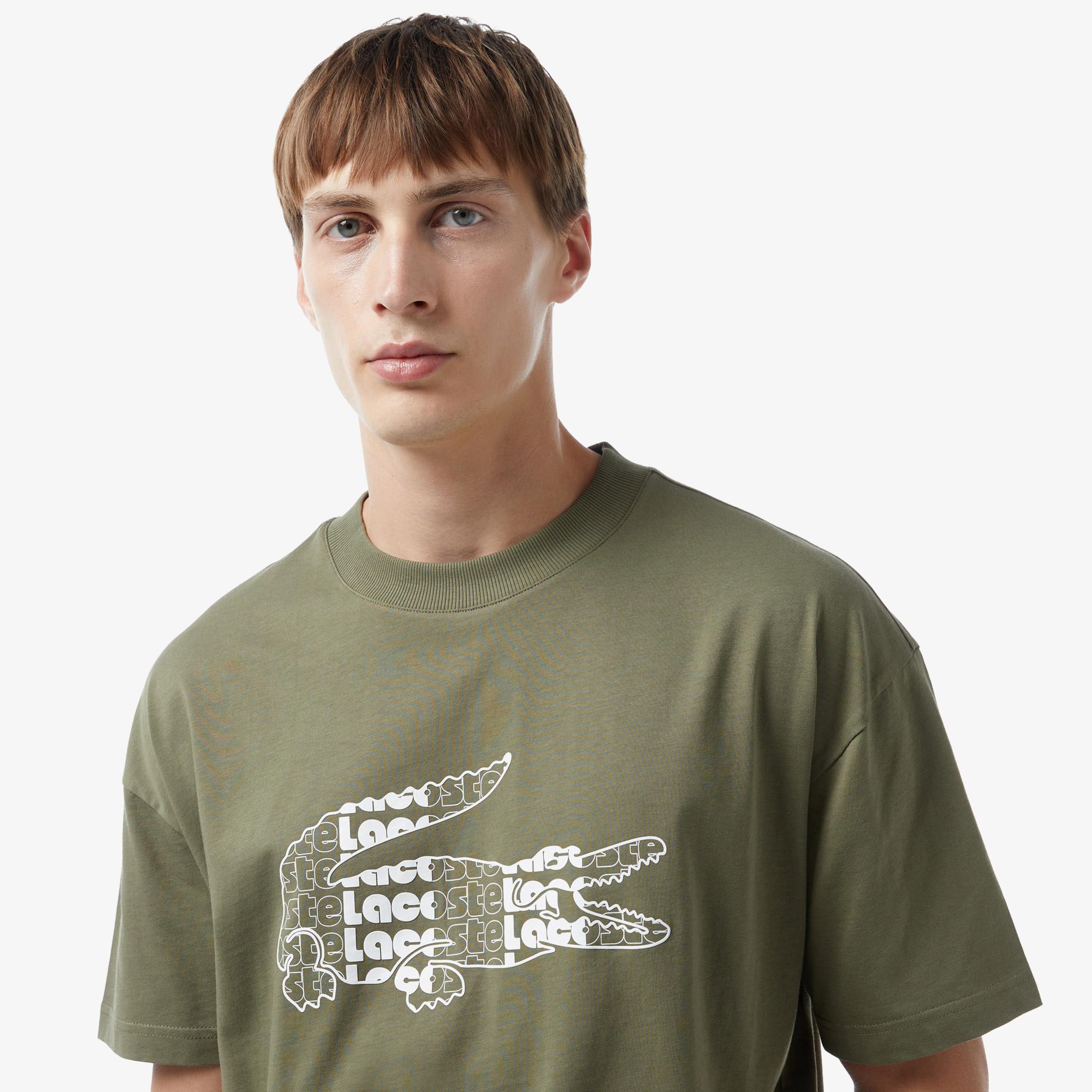 Erkek Oversize Fit Bisiklet Yaka Baskılı Haki T-Shirt