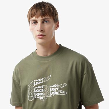  Erkek Oversize Fit Bisiklet Yaka Baskılı Haki T-Shirt