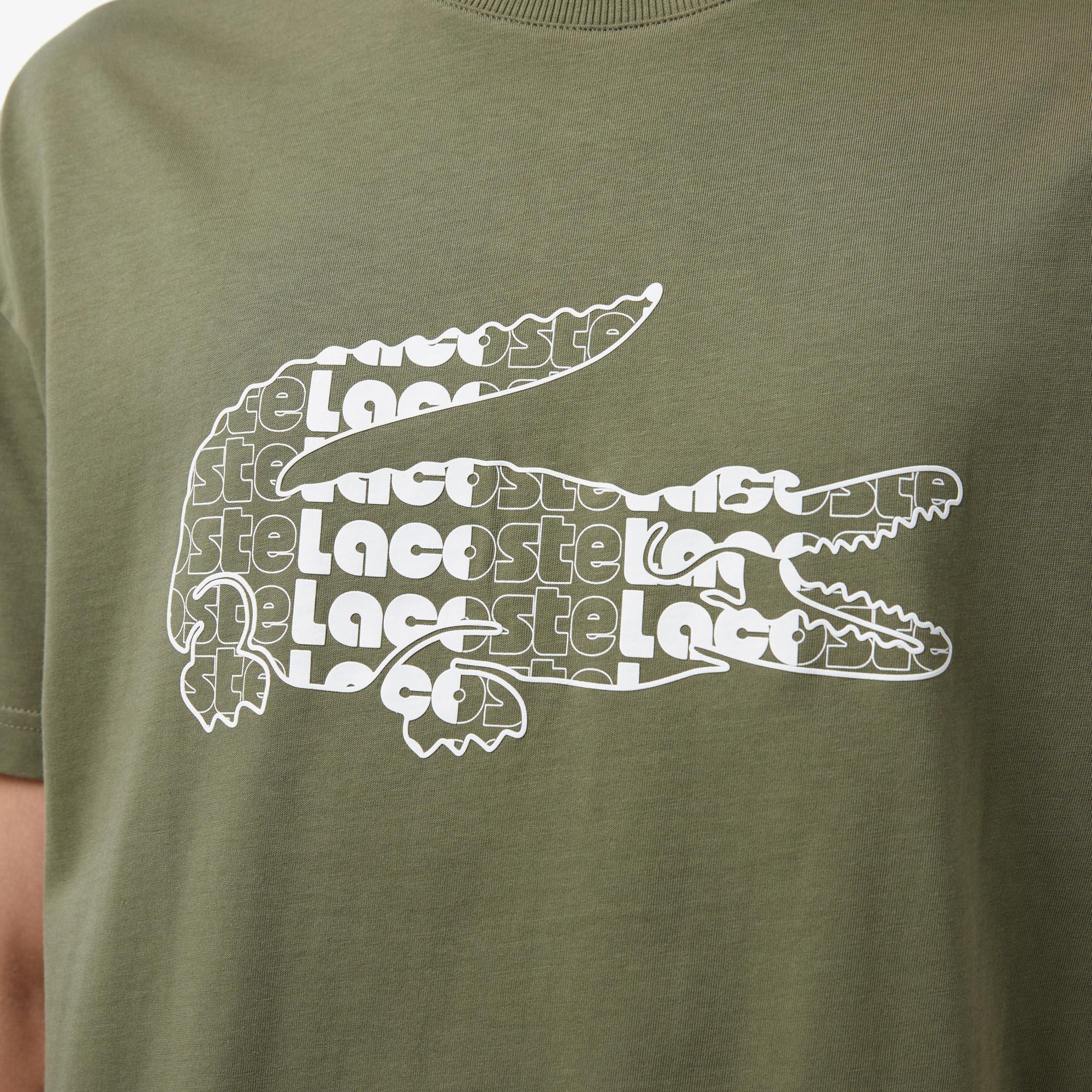 Erkek Oversize Fit Bisiklet Yaka Baskılı Haki T-Shirt