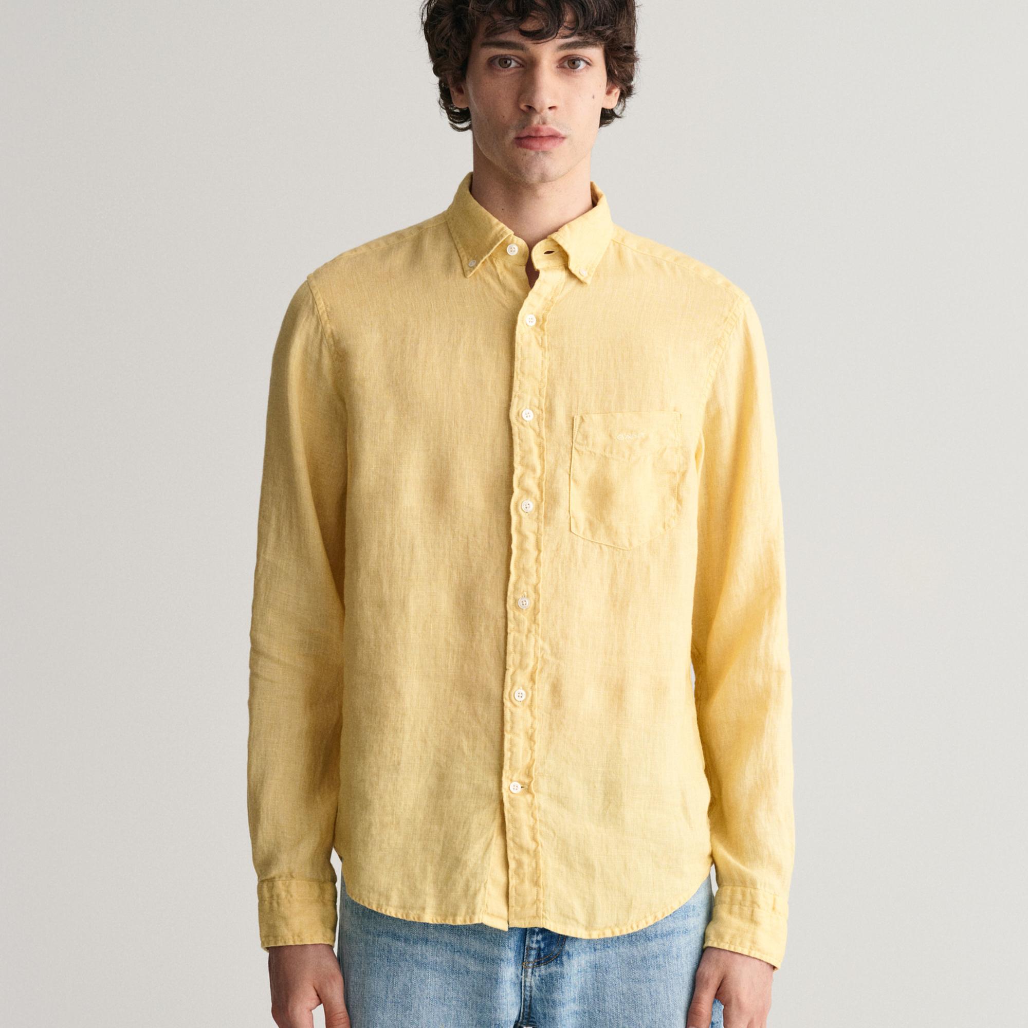 GANT Erkek Sarı Regular Fit Düğmeli Yaka Keten Gömlek