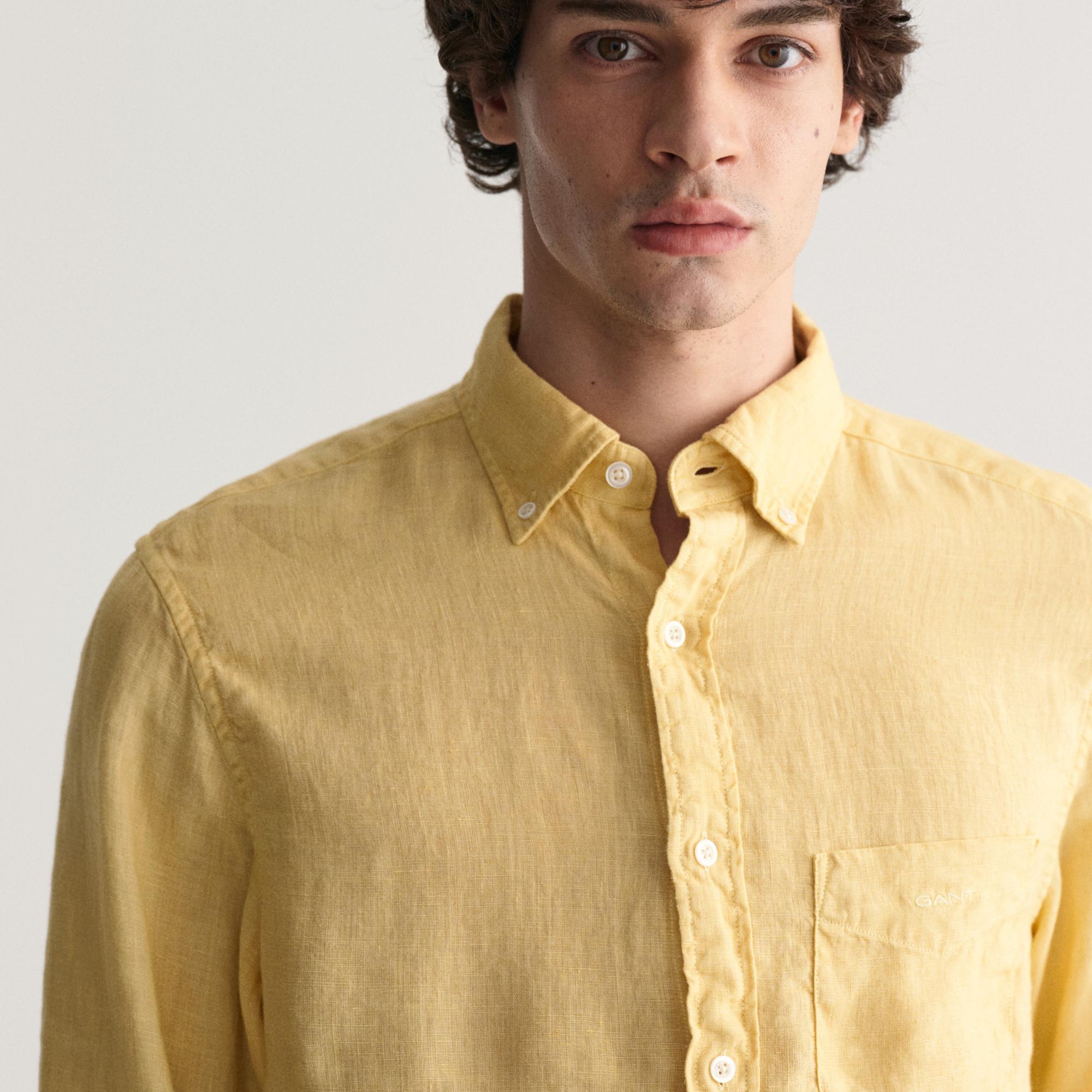 GANT Erkek Sarı Regular Fit Düğmeli Yaka Keten Gömlek