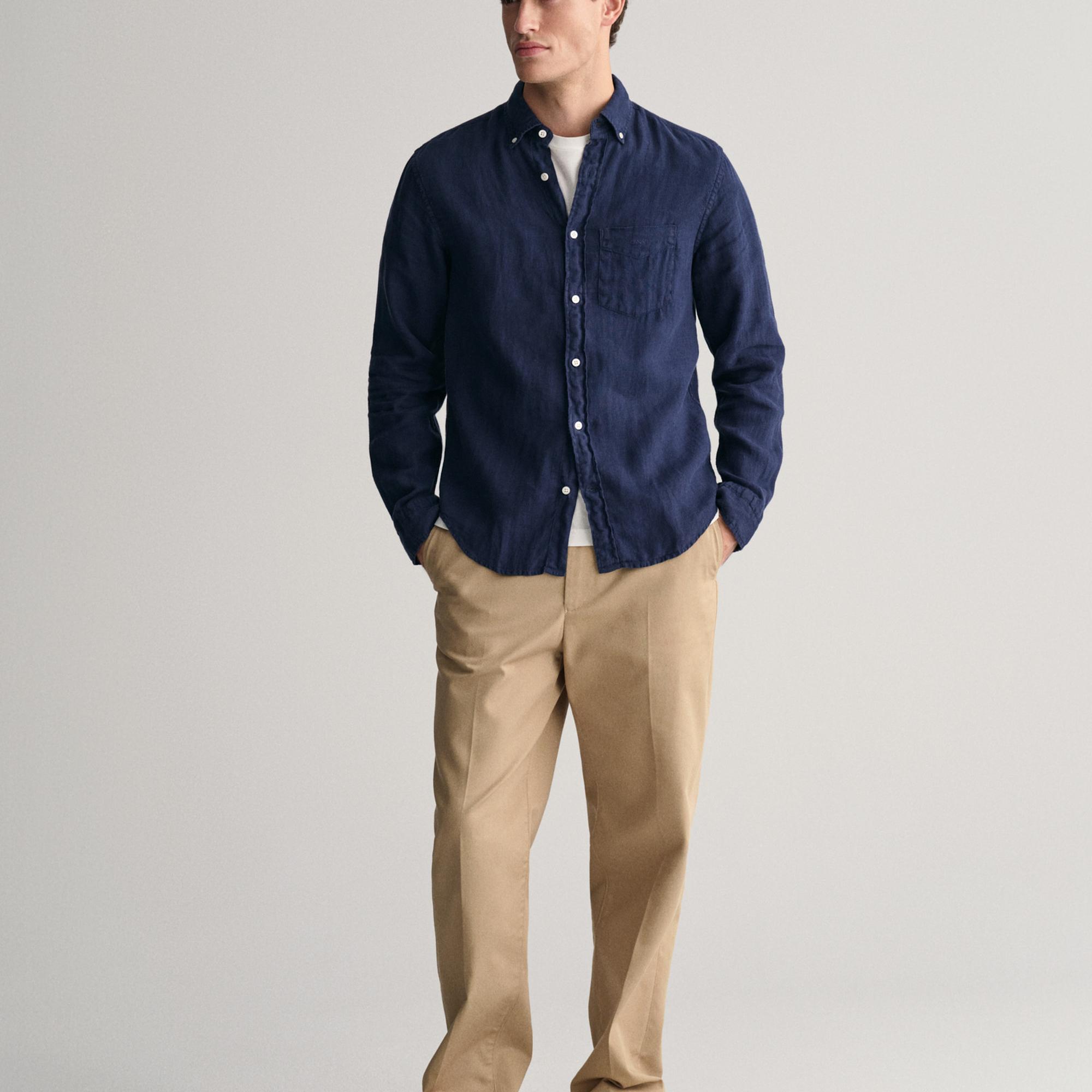 GANT Erkek Lacivert Regular Fit Düğmeli Yaka Keten Gömlek