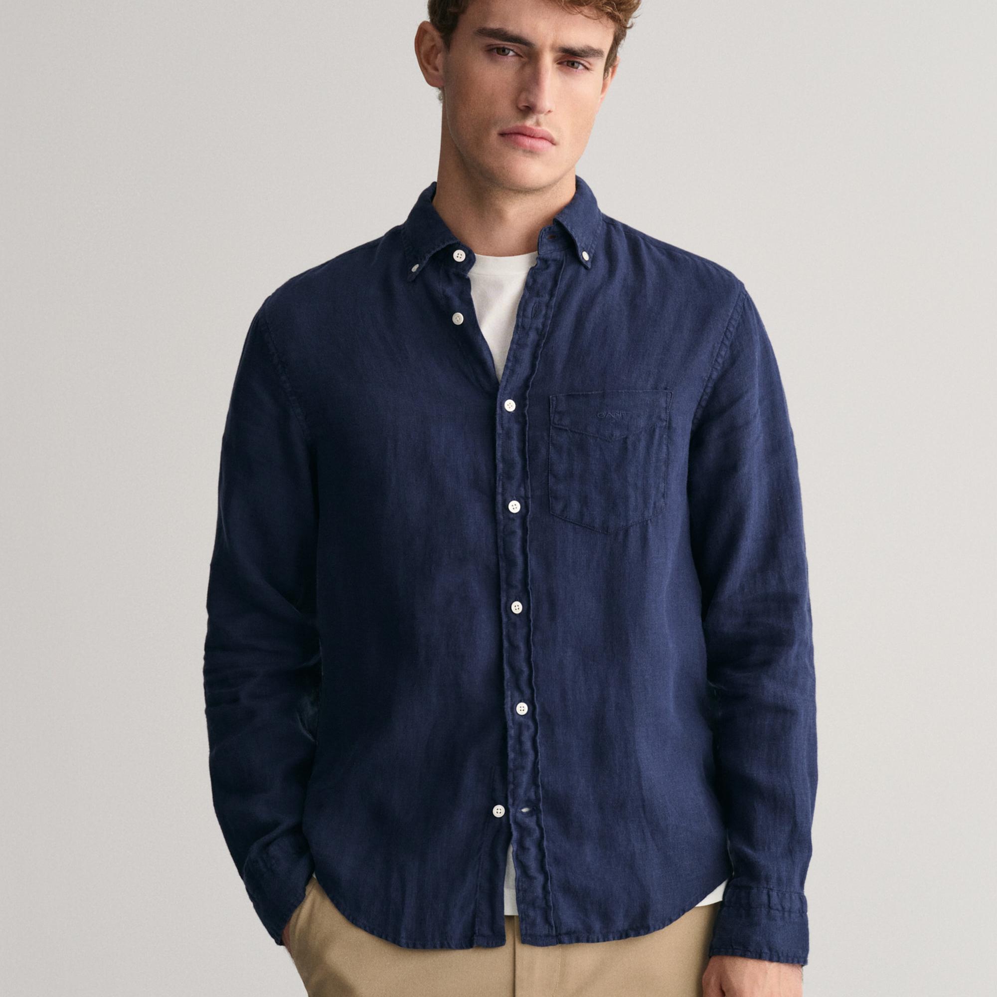 GANT Erkek Lacivert Regular Fit Düğmeli Yaka Keten Gömlek