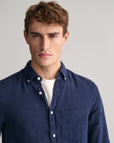  GANT Erkek Lacivert Regular Fit Düğmeli Yaka Keten Gömlek