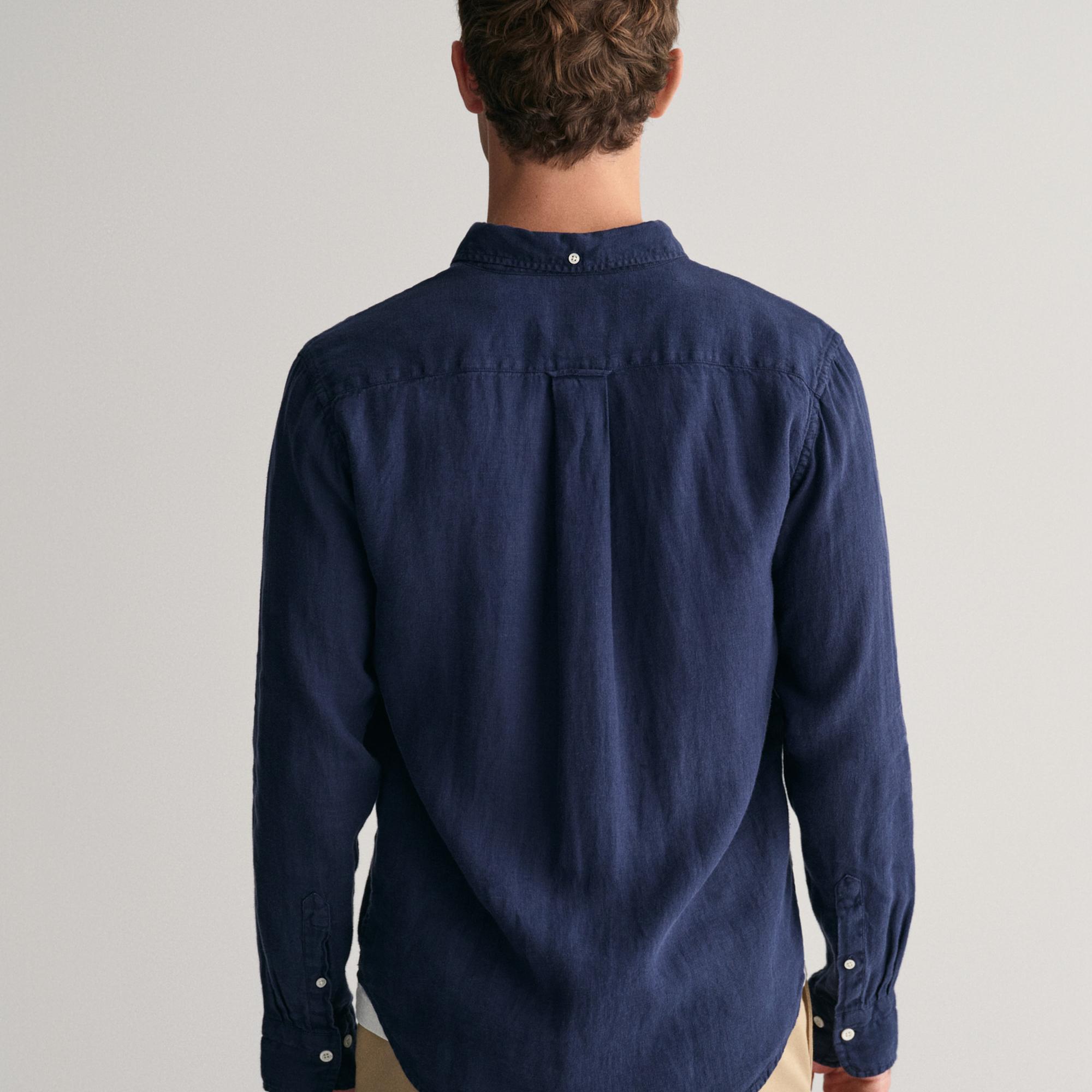 GANT Erkek Lacivert Regular Fit Düğmeli Yaka Keten Gömlek