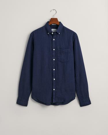  GANT Erkek Lacivert Regular Fit Düğmeli Yaka Keten Gömlek