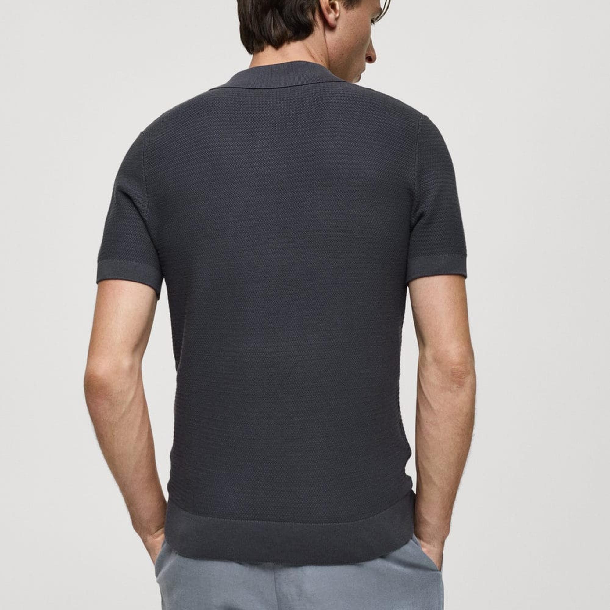 Mango Erkek Tencel Pamuklu Örgü Desenli Triko Polo Gömlek Koyu Gri