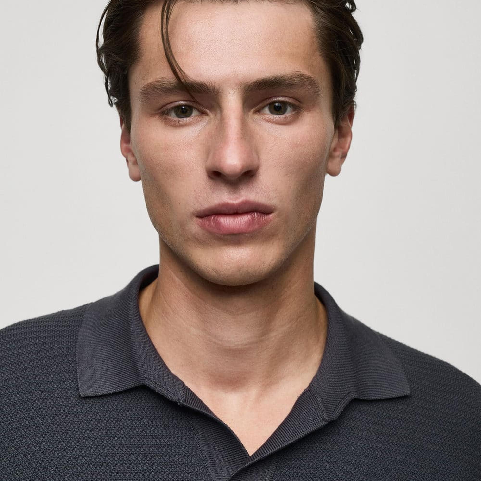 Mango Erkek Tencel Pamuklu Örgü Desenli Triko Polo Gömlek Koyu Gri