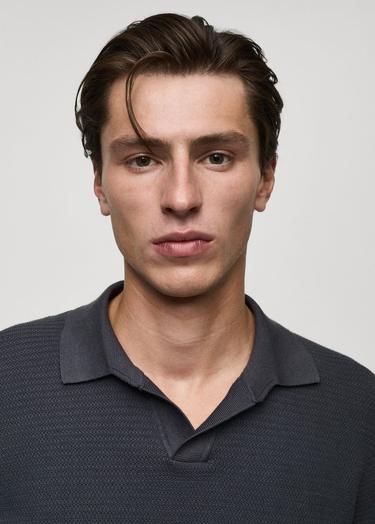  Mango Erkek Tencel Pamuklu Örgü Desenli Triko Polo Gömlek Koyu Gri