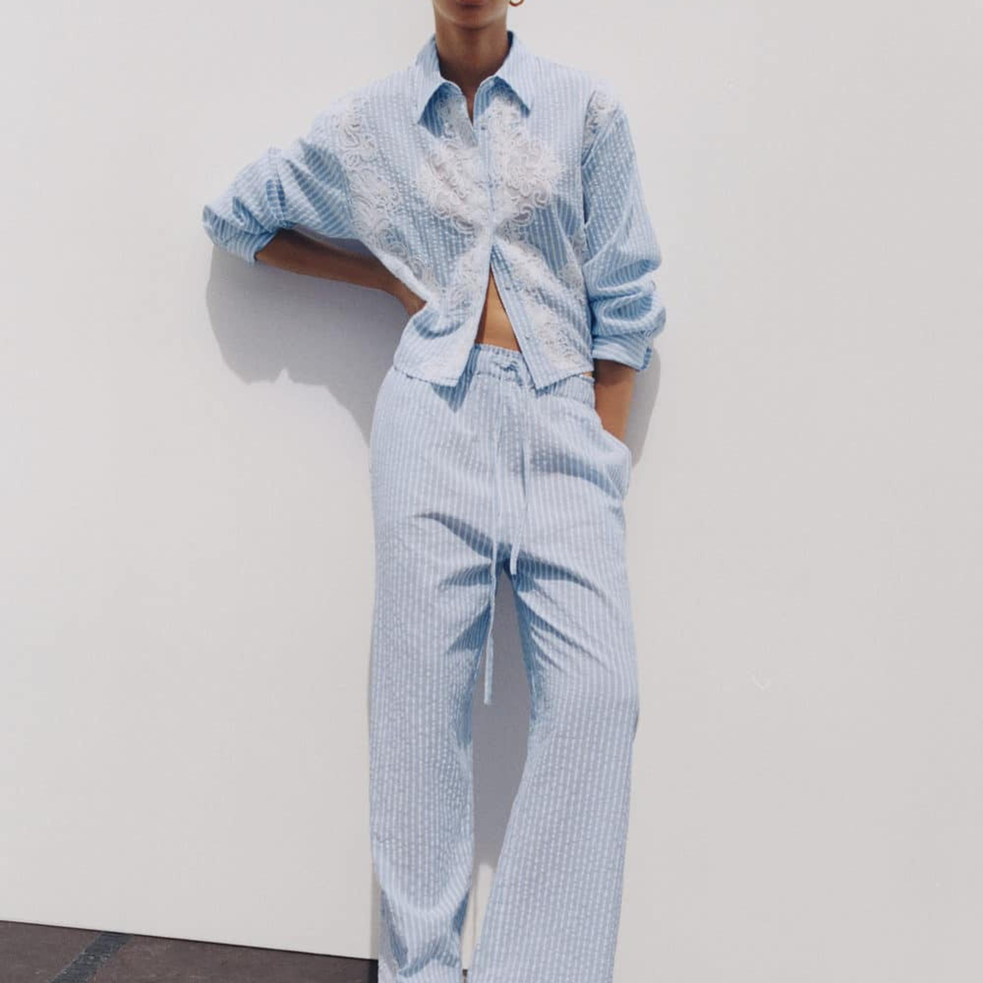 Mango Kadın İşlemeli Çizgili Pantolon Gök Mavisi