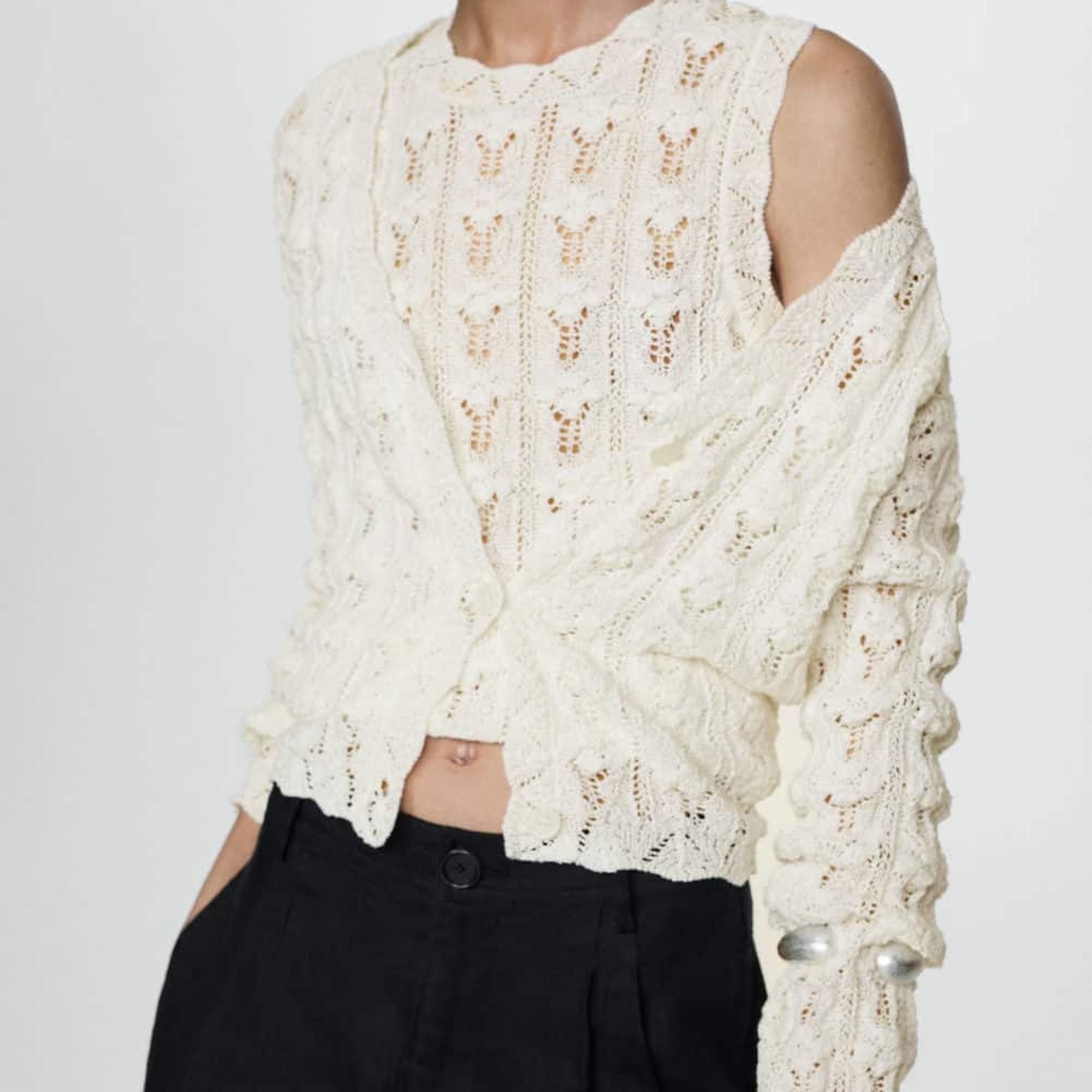 Mango Kadın Kroşe Triko Hırka Kırık Beyaz