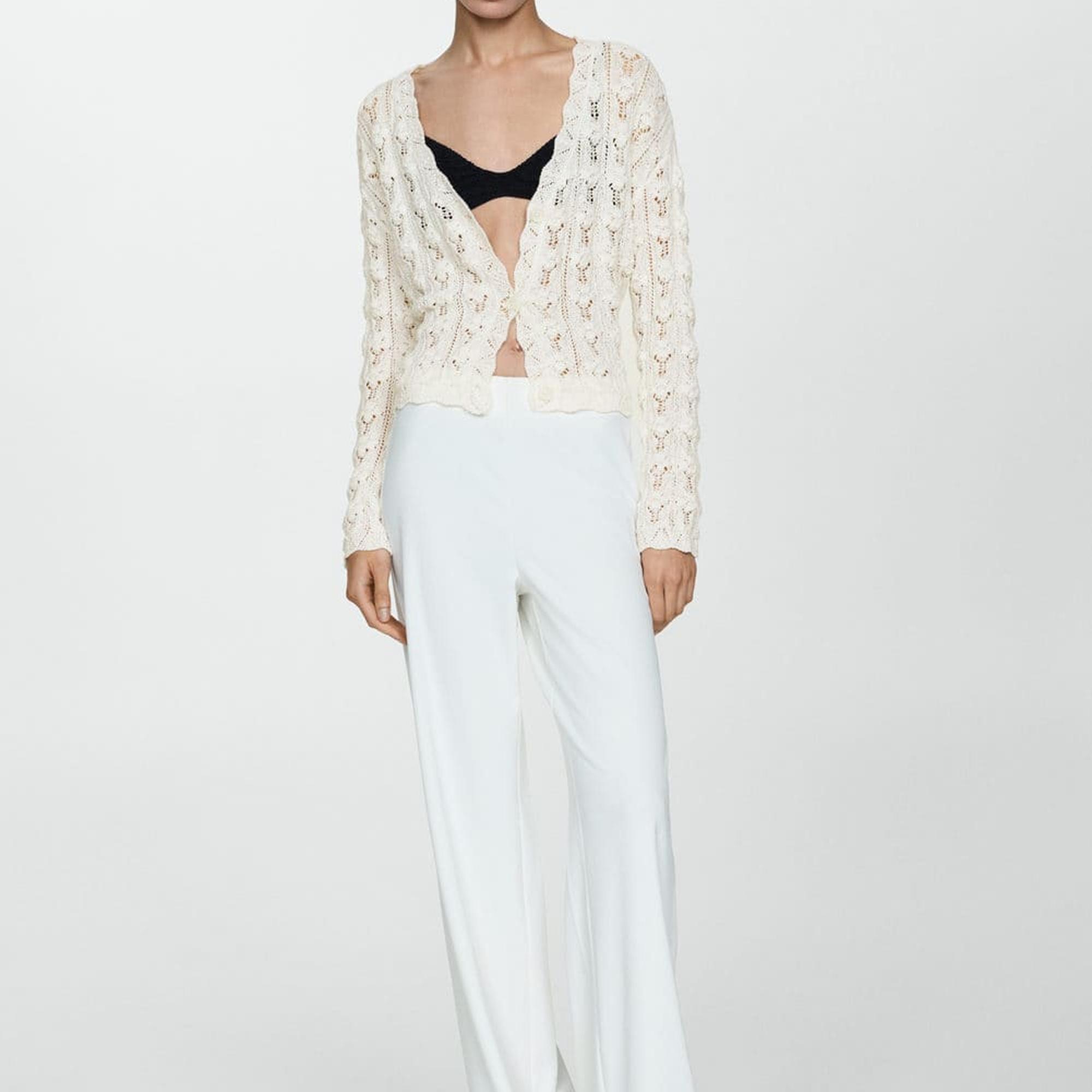 Mango Kadın Kroşe Triko Hırka Kırık Beyaz