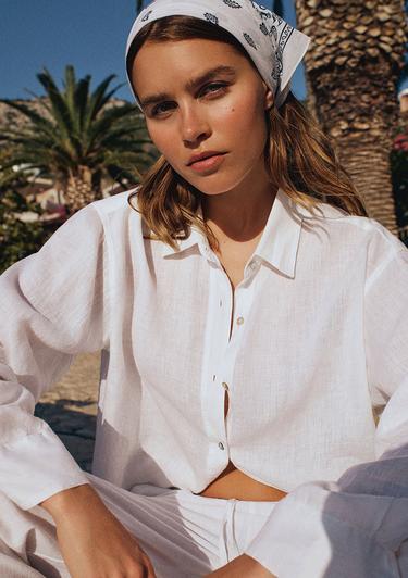  Mavi Beyaz Keten Gömlek Loose Fit / Bol Rahat Kesim 1210747-620