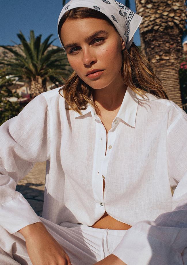  Mavi Beyaz Keten Gömlek Loose Fit / Bol Rahat Kesim 1210747-620