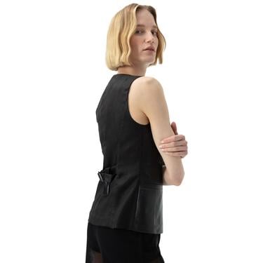  Siena Siyah Kadın Deri Keten Yelek/Bluz