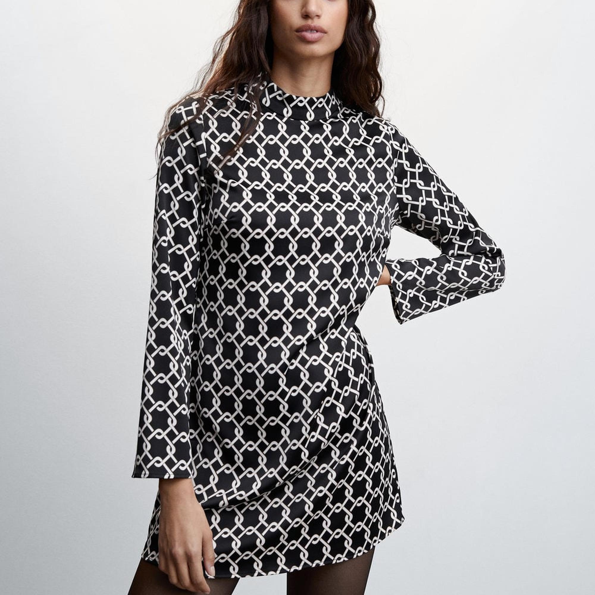 Mango Kadın Desenli Retro Elbise Siyah