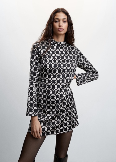  Mango Kadın Desenli Retro Elbise Siyah