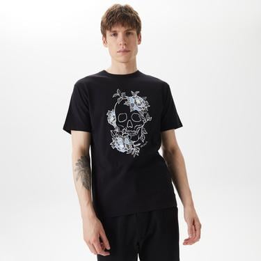  ERKEK BASKILI BİSİKLET YAKA SİYAH T-SHIRT