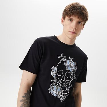  ERKEK BASKILI BİSİKLET YAKA SİYAH T-SHIRT