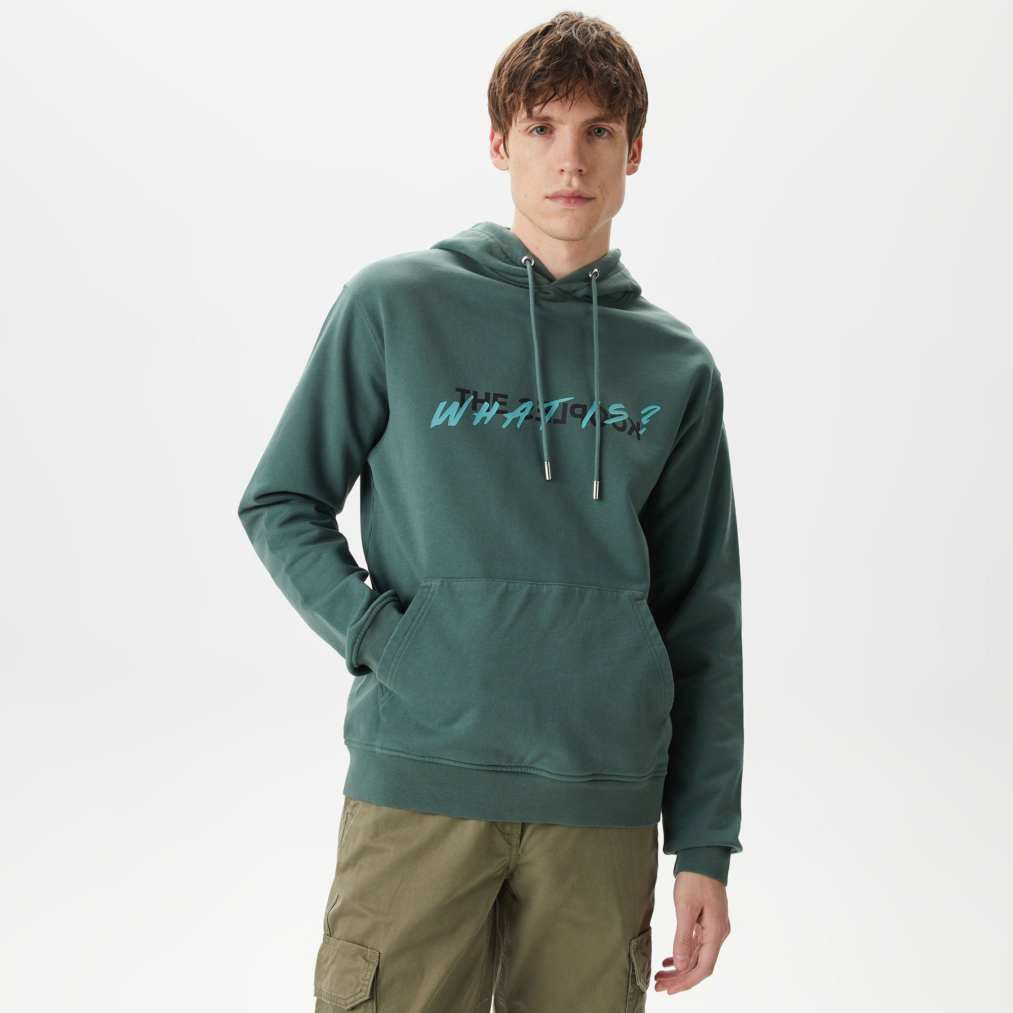  ERKEK BASKILI KAPÜŞONLU YEŞİL SWEATSHIRT