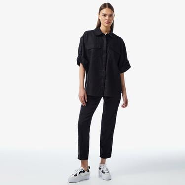  Kadın Relaxed Fit Kısa Kollu Siyah Gömlek