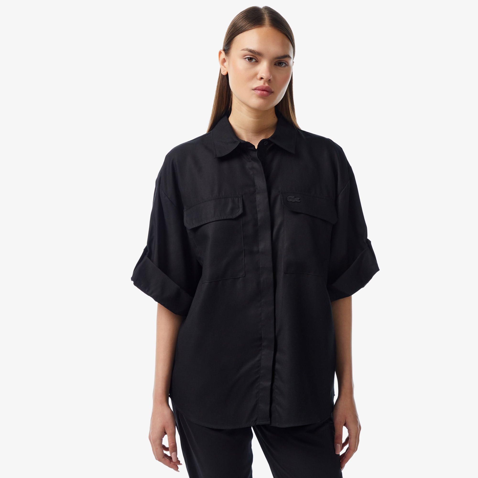  Kadın Relaxed Fit Kısa Kollu Siyah Gömlek