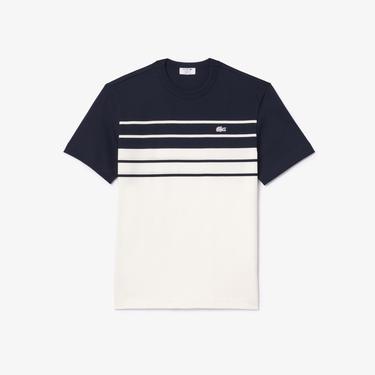  Erkek Classic Fit Bisiklet Yaka Çizgili Beyaz T-Shirt