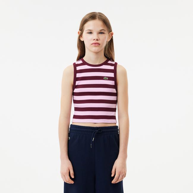  Lacoste Çocuk Kolsuz Bisiklet Yaka Çizgili Pembe T-Shirt