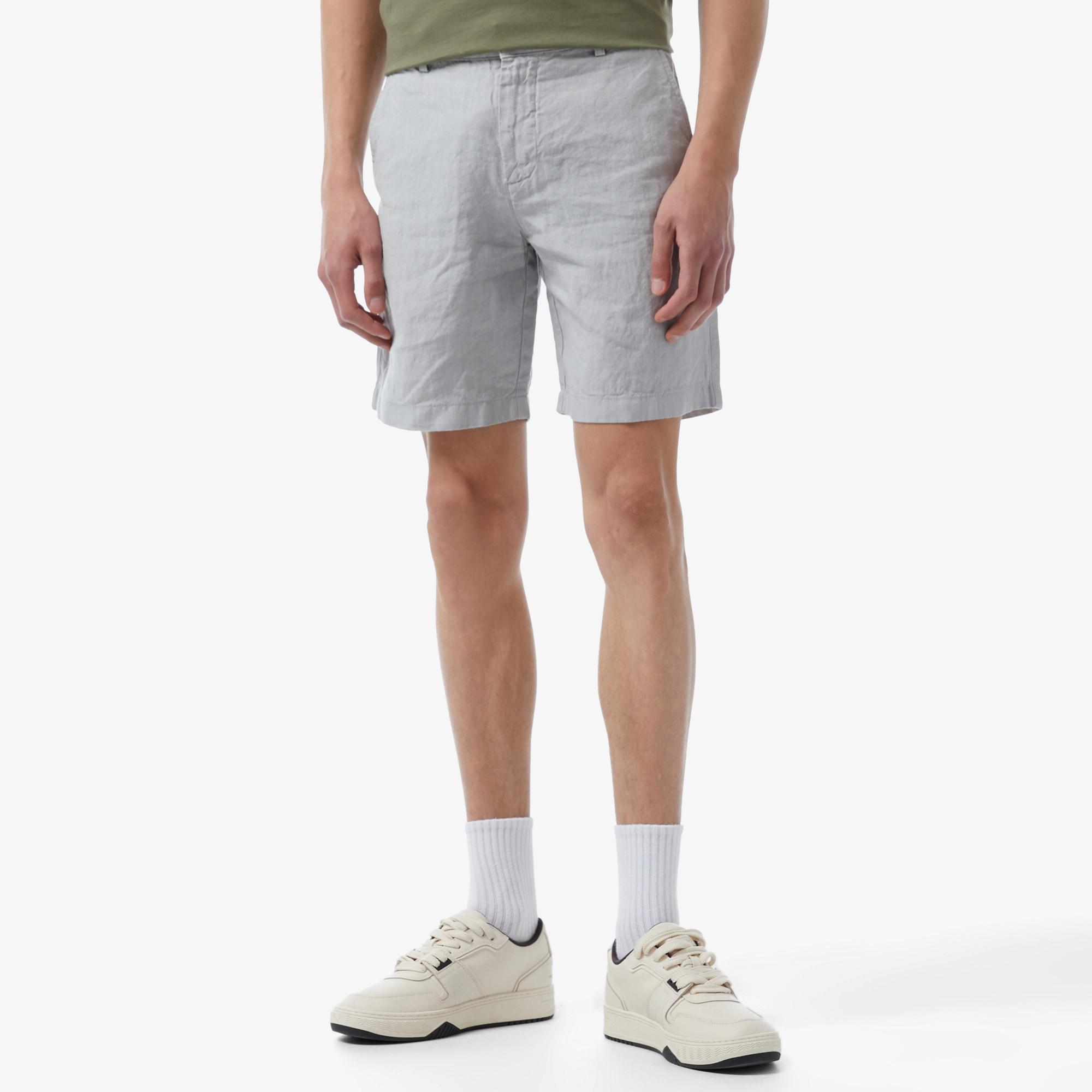 Erkek Slim Fit Keten Gri Bermuda