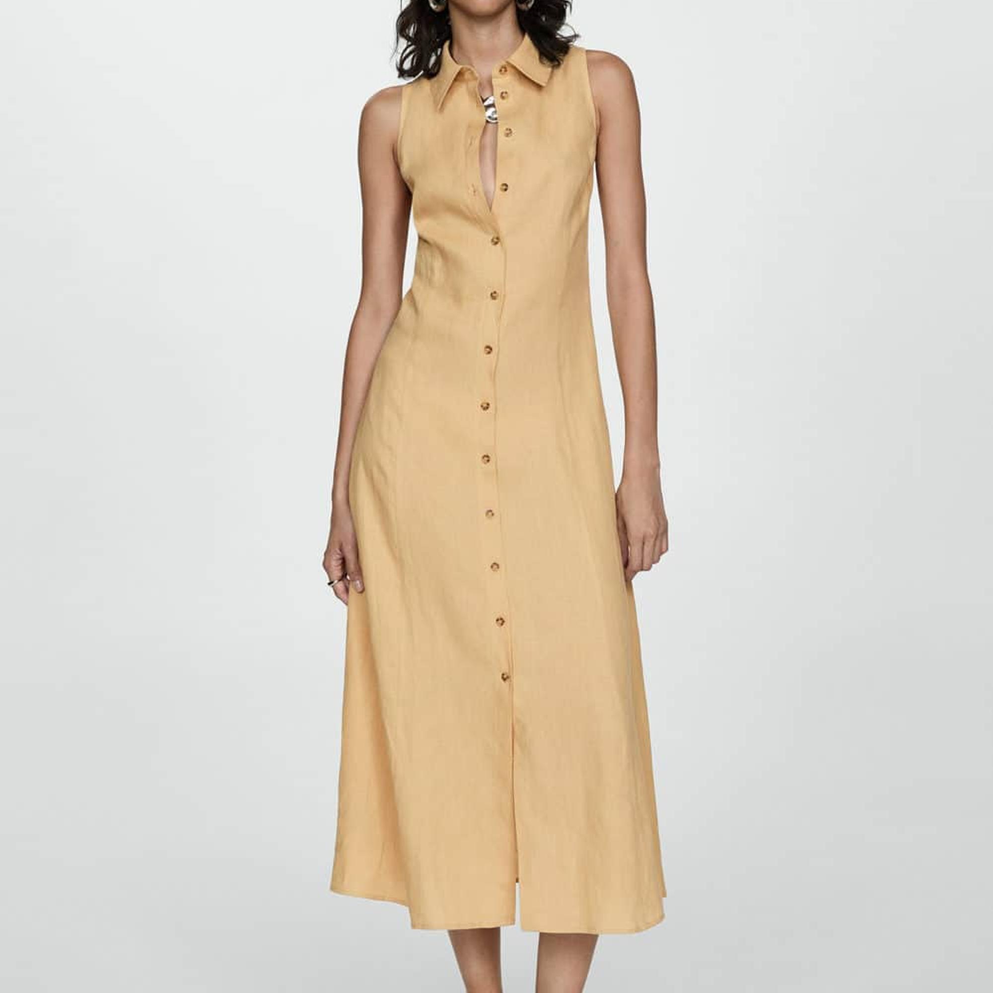 Mango Kadın Keten Gömlek Elbise Koyu Sarı