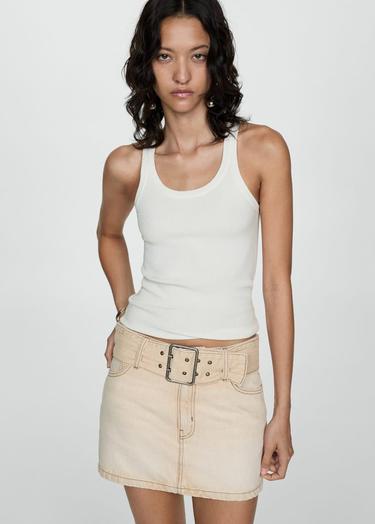  Mango Kadın Kemerli Denim Mini Etek Kum Beji