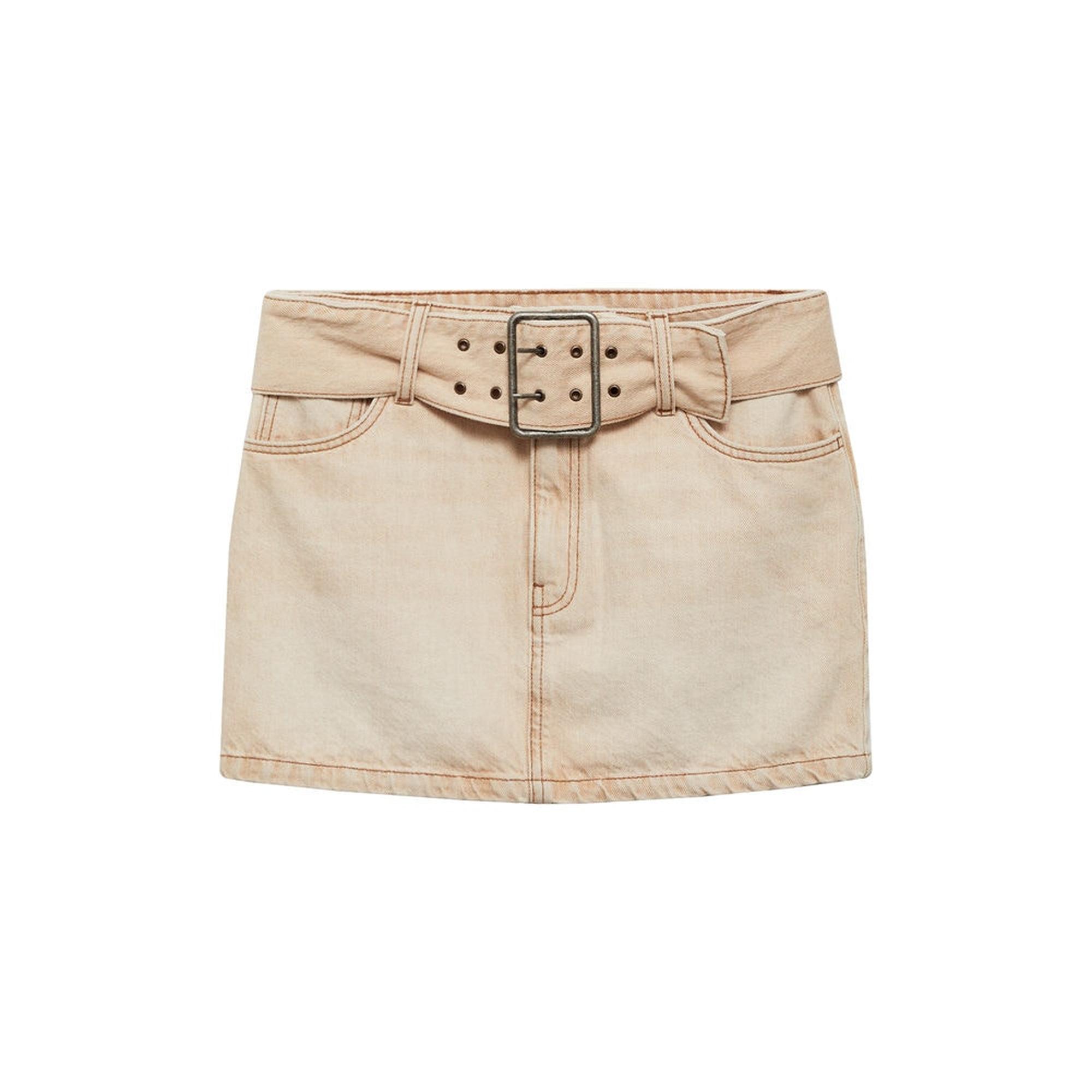 Mango Kadın Kemerli Denim Mini Etek Kum Beji